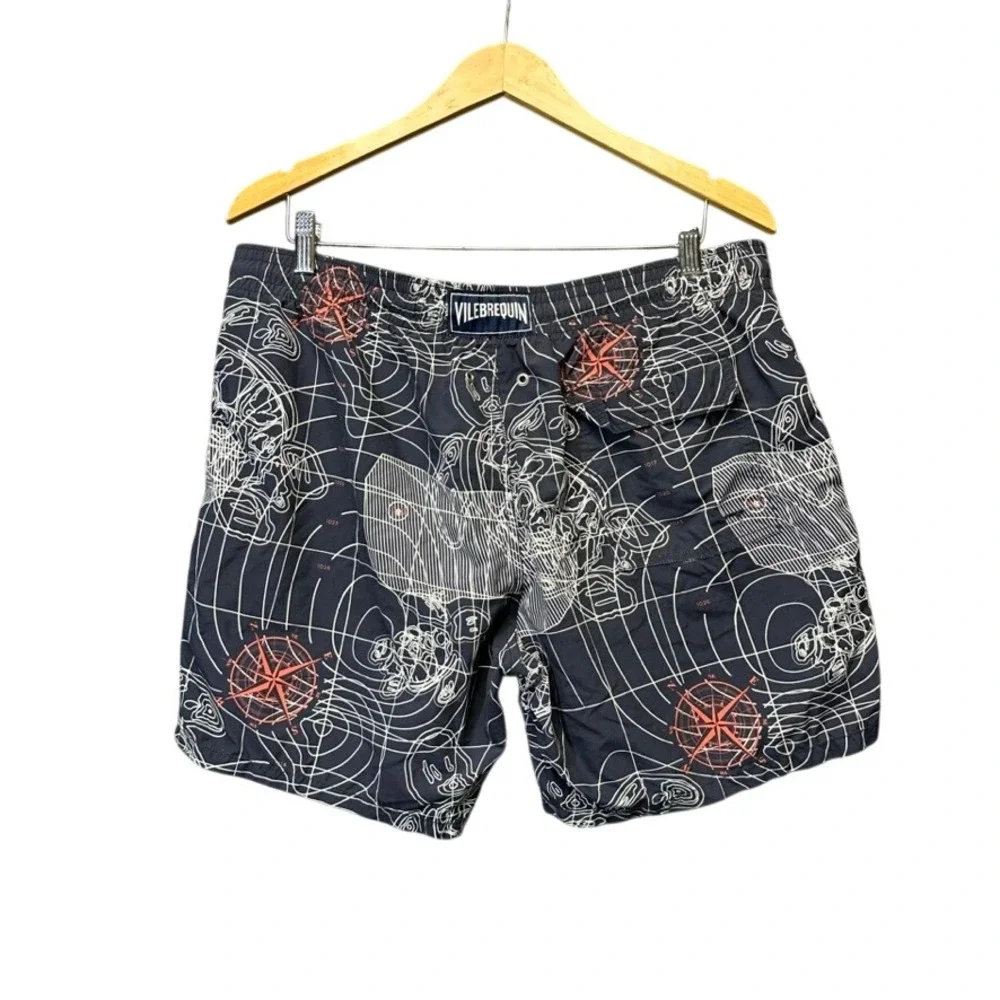 Vilebrequin Mens XL Swim Trunks Navy Blue Topographic Map Compass Moorea Shorts